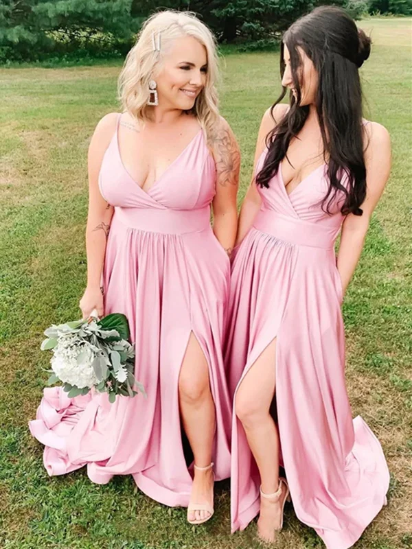 Sale of the Year A Line V Neck Pink Long Prom Dresses, Pink Long Bridesmaid Dresses Sale of the Year A Line V Neck Pink Long Prom Dresses, Pink Long Bridesmaid Dresses