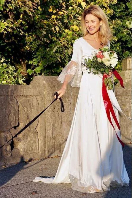 Last Chance Sale A-Line V-Neck V Back 3/4 Sleeves Satin Boho Wedding Dress with Lace ,DS2676 Last Chance Sale A-Line V-Neck V Back 3/4 Sleeves Satin Boho Wedding Dress with Lace ,DS2676