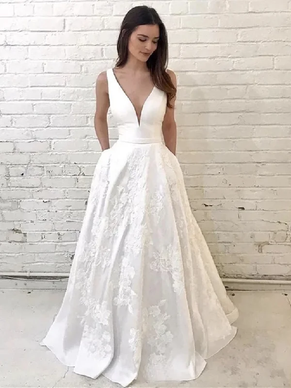 Weekend Offers You Love A Line V Neck White Lace Long Prom Dresses With Appliques, Lace Wedding Dresses, White Lace Formal Evening Dresses Weekend Offers You Love A Line V Neck White Lace Long Prom Dresses With Appliques, Lace Wedding Dresses, White Lace Formal Evening Dresses