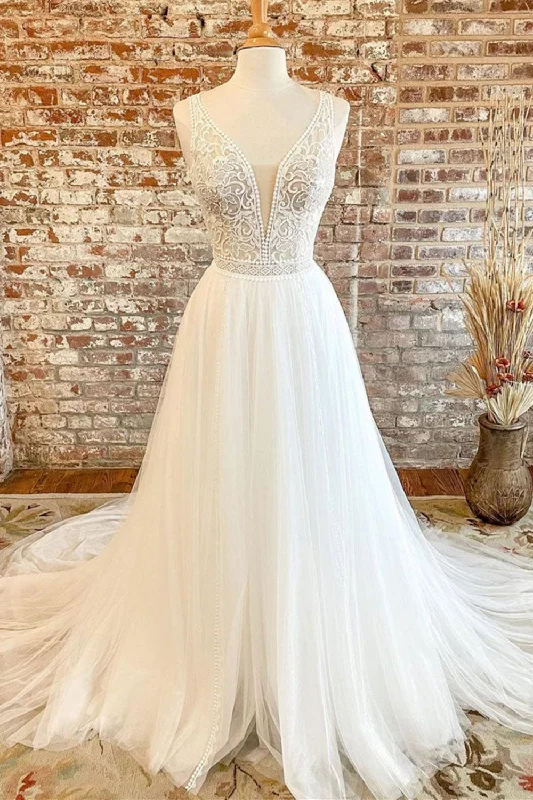 Weekend Clearance Event A Line V Neck White Lace Long Prom Wedding Dresses, V Neck White Tulle Formal Dresses, White Lace Evening Dresses Weekend Clearance Event A Line V Neck White Lace Long Prom Wedding Dresses, V Neck White Tulle Formal Dresses, White Lace Evening Dresses