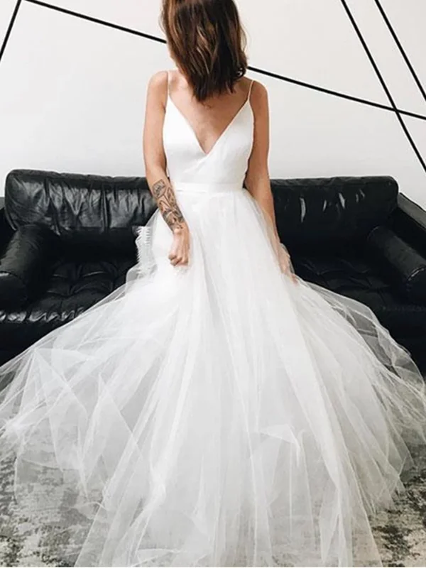 Exclusive Deals A Line V Neck White Tulle Long Prom Dresses, V Neck White Wedding Dresses, White Formal Dresses, Evening Dresses Exclusive Deals A Line V Neck White Tulle Long Prom Dresses, V Neck White Wedding Dresses, White Formal Dresses, Evening Dresses