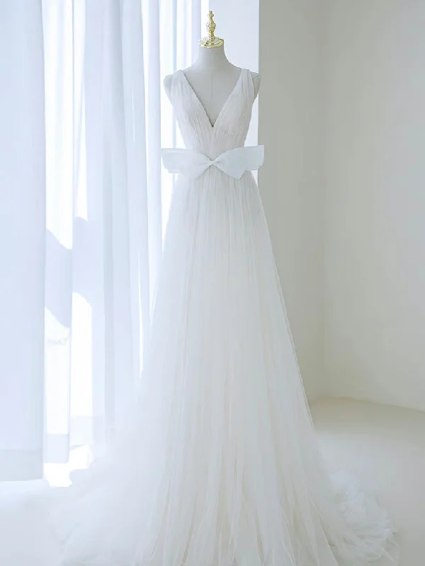 Weekend Top Offers A-Line V Neck White Tulle Long Wedding Dress with Bow