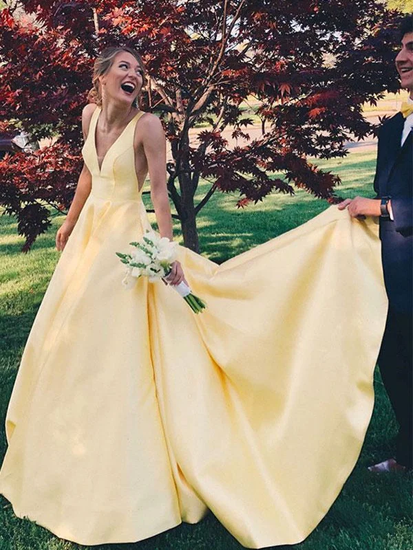 Super Low Prices A Line V Neck Yellow Satin Long Prom Dresses, V Neck Backless Yellow Wedding Dresses, Formal Dresses Super Low Prices A Line V Neck Yellow Satin Long Prom Dresses, V Neck Backless Yellow Wedding Dresses, Formal Dresses