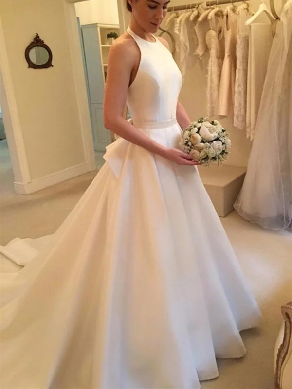 Weekend Sale Day A Line White Halter Backless Court Train Satin Wedding Dresses with Bow-knot, White Halter Backless Prom Dresses Weekend Sale Day A Line White Halter Backless Court Train Satin Wedding Dresses with Bow-knot, White Halter Backless Prom Dresses