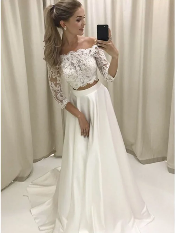 Offer of the Day A Line White Lace 3/4 Sleeves Two Pieces Wedding Dresses , White Lace 3/4 Sleeves Two Pieces Prom Dresses Offer of the Day A Line White Lace 3/4 Sleeves Two Pieces Wedding Dresses , White Lace 3/4 Sleeves Two Pieces Prom Dresses