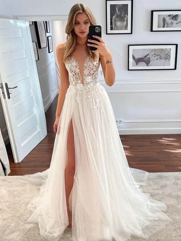 One-Stop Shop Sale A-shaped princess sheer lace V-neck sleeveless and ground length wedding dress One-Stop Shop Sale A-shaped princess sheer lace V-neck sleeveless and ground length wedding dress