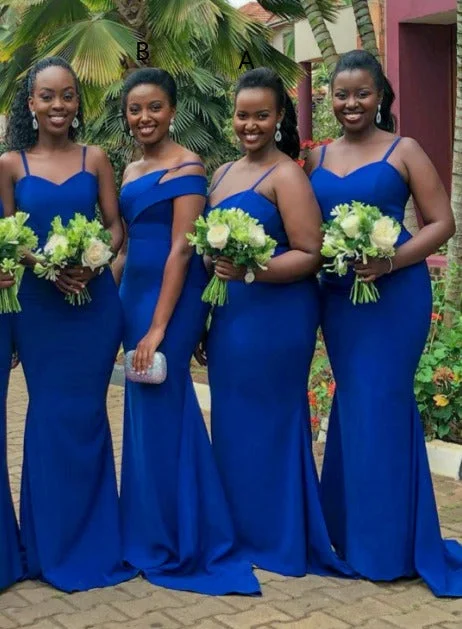 Price Slash Alert African Satin Blue Mermaid Bridesmaid Dresses Spaghetti Straps Wedding Guest Dress