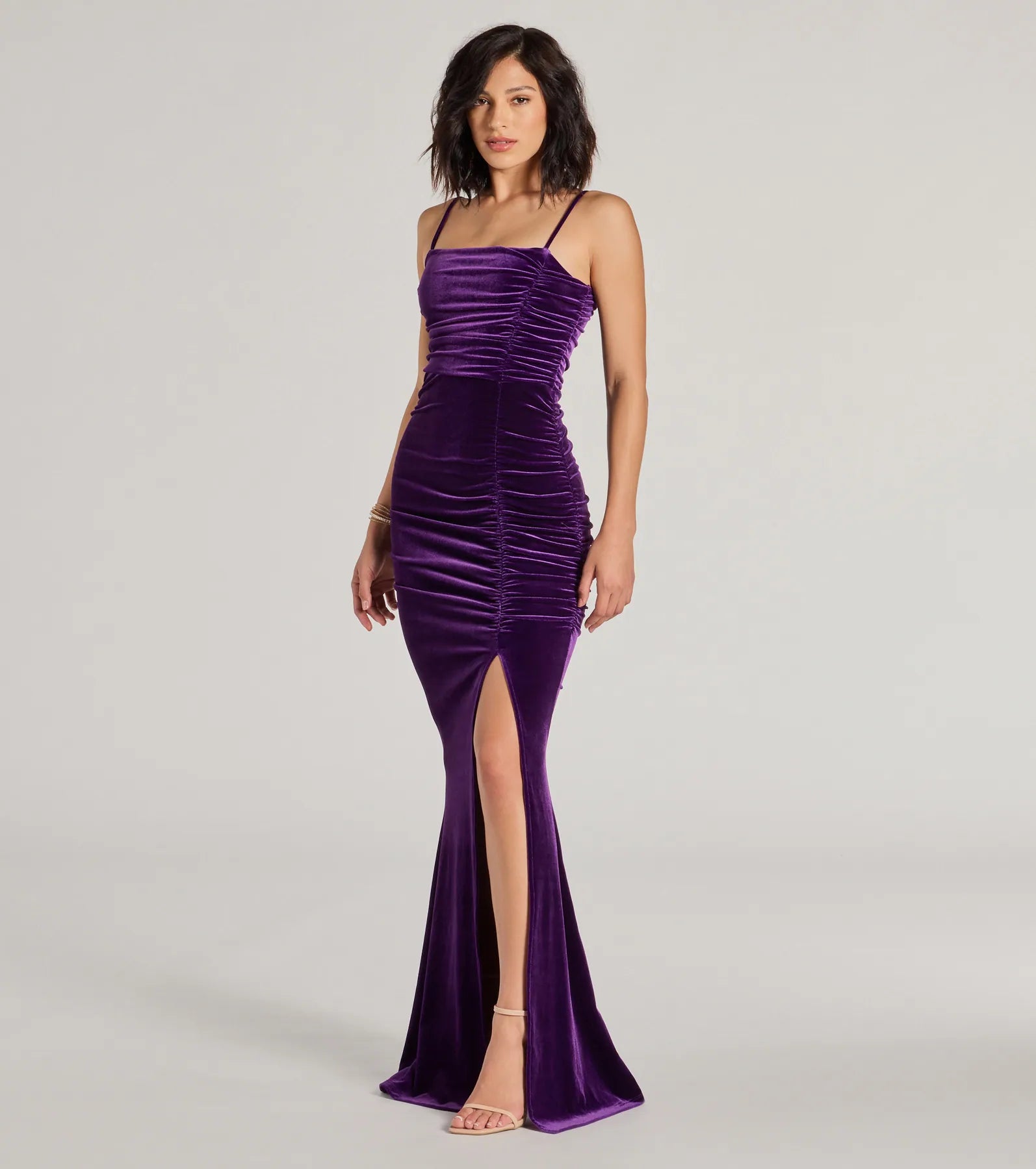 Weekend Best Buys Alondra Ruched Velvet Front Slit Mermaid Dress