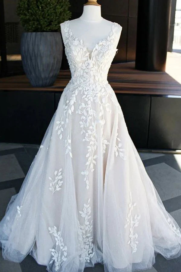 Mega Sale Beautiful A-line V-neck floor sweeping skirt with lace wedding dress