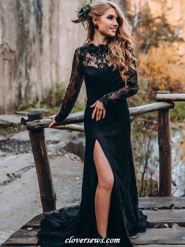 Weekend Big Savings Black Lace Charming Long Sleeves Sheath With Slit Backless Wedding Dresses, CW0402 Weekend Big Savings Black Lace Charming Long Sleeves Sheath With Slit Backless Wedding Dresses, CW0402