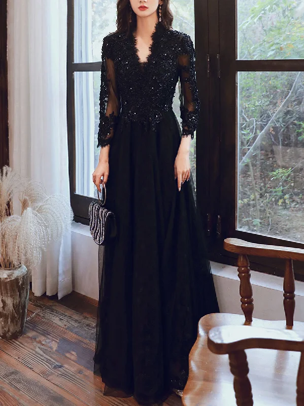 Limited Offer Black V Neck Tulle Lace Beads Long Prom Dress, Black Tulle Evening Dresses Limited Offer Black V Neck Tulle Lace Beads Long Prom Dress, Black Tulle Evening Dresses
