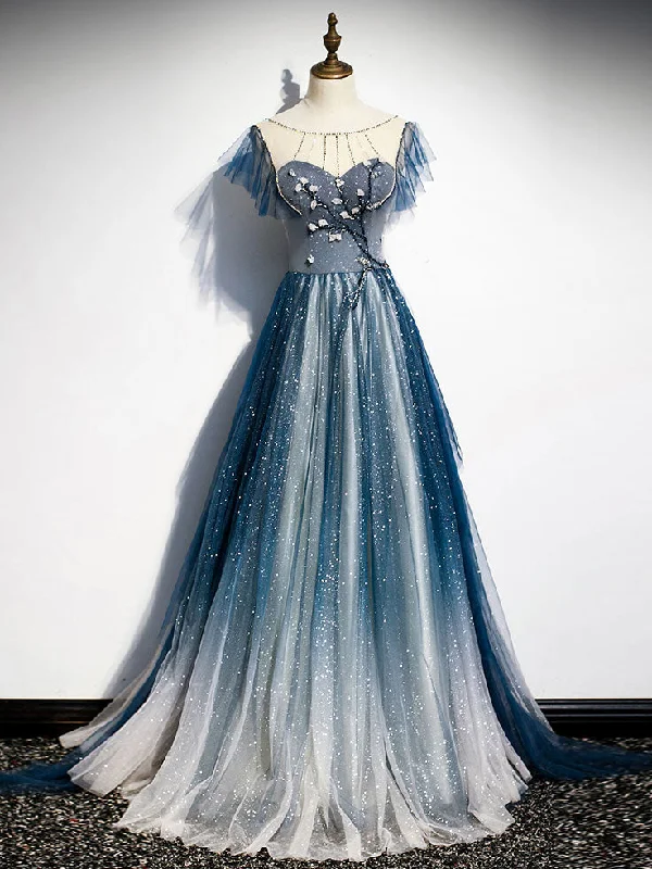 Weekend Deal Fever Blue Round Neck Tulle Beads Long Prom Dress, Blue Evening Dress