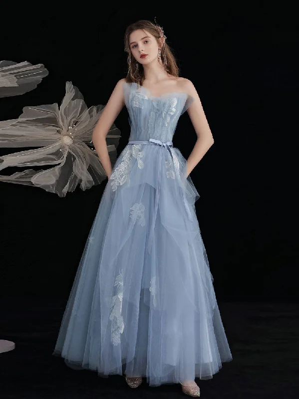 Weekend Special Shopping Event Blue Tulle Lace Tea Length Prom Dress, Lace Tulle Formal Dress