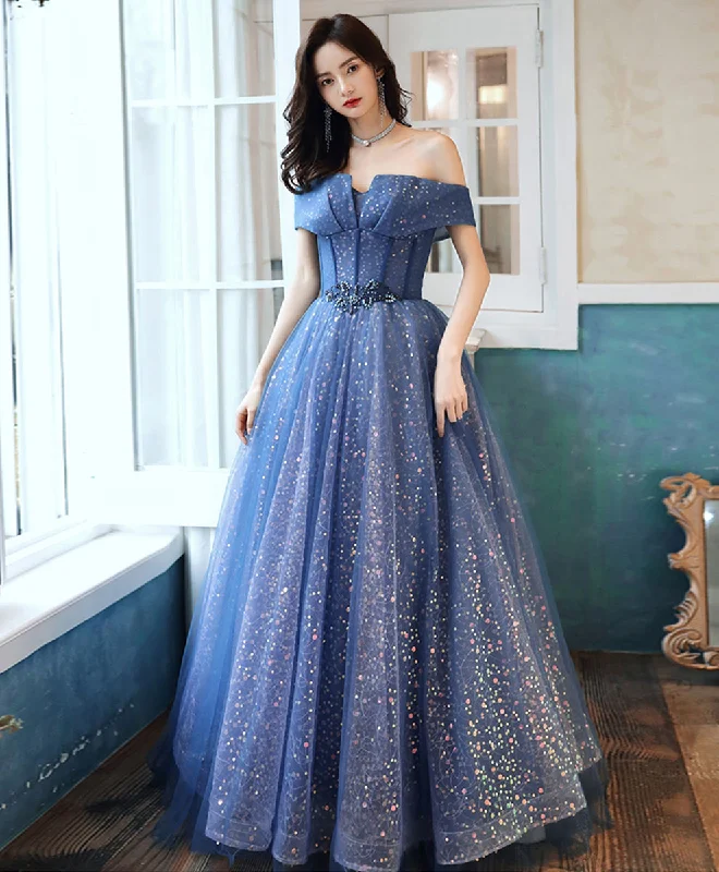 Limited Time Bargain Blue Tulle Off Shoulder Long Prom Dress, Shiny Blue Formal Evening Dress