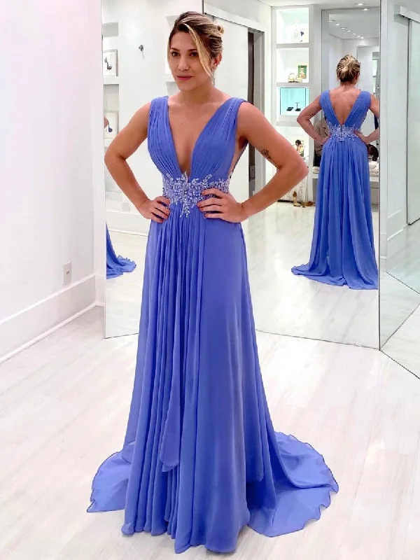 Super Deal Blue v neck chiffon lace long prom dress, blue bridesmaid dress,DS1975