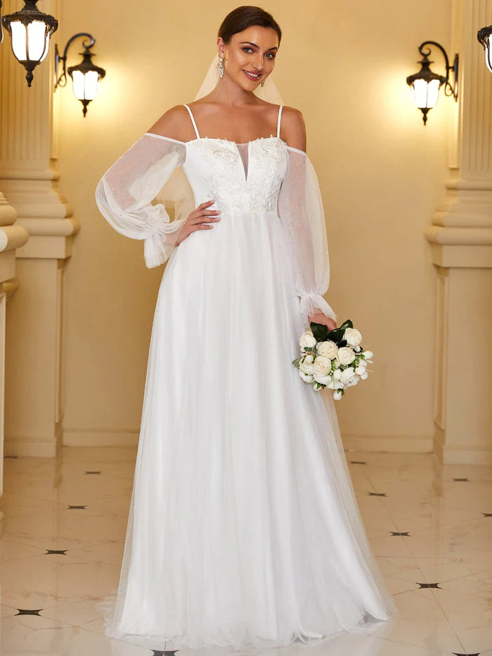 Exclusive Weekly Sale Boho Chic Cold Shoulder Lantern Sleeve Wedding Dress