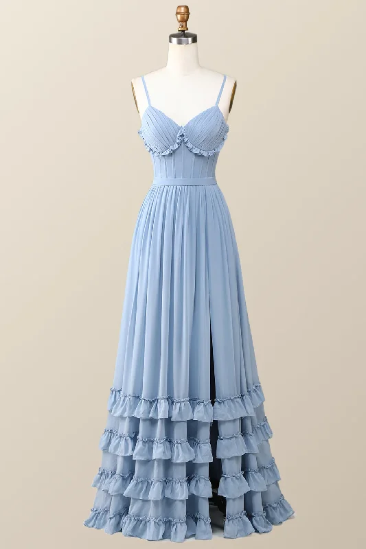 Weekend Discount Fest Boho Style Dusty Blue Ruffles Long Party Dress Bridesmaid Dress,DP1817 Weekend Discount Fest Boho Style Dusty Blue Ruffles Long Party Dress Bridesmaid Dress,DP1817