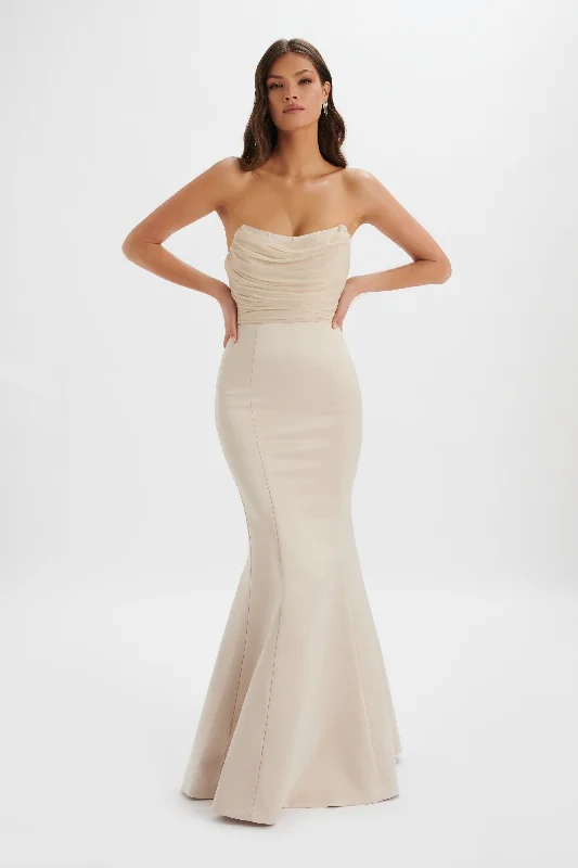 Super Price Drop RENATA Bonded Satin Corset Maxi Dress In Champagne