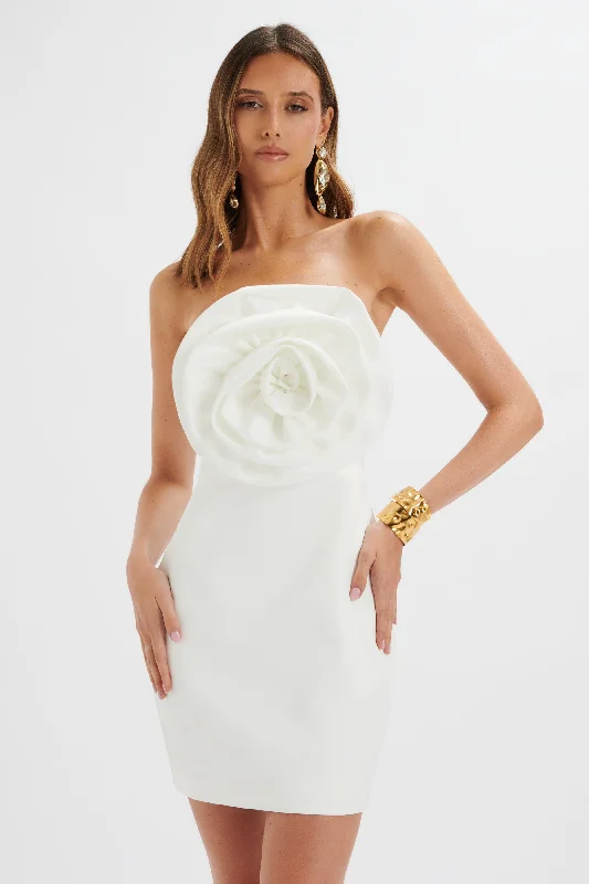 Shop & Save Instantly BRYANNA 3D Flower Bandeau Satin Mini Dress in White