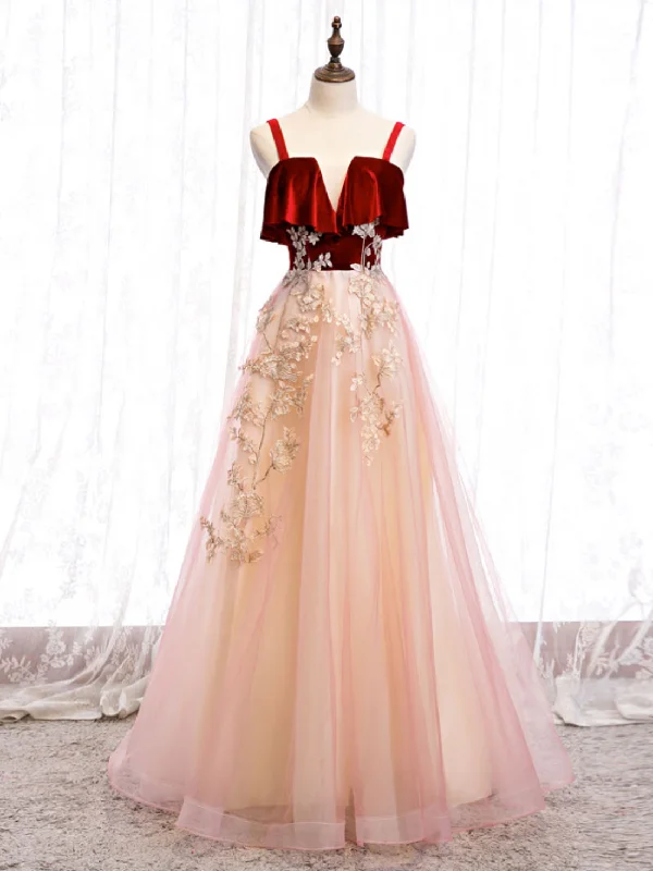 Limited Edition Burgundy A-line Tulle Lace Long Prom Dress Tulle Formal Dress