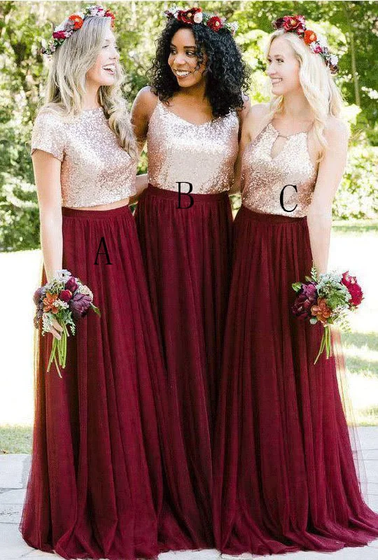 Unbeatable Offer Mismatched Burgundy Sequin Top Long Bridesmaid Dress