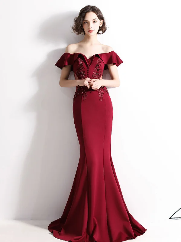 Exclusive Pricing Burgundy Off Shoulder Satin Lace Long Prom Dress, Burgundy Evening Dresses Exclusive Pricing Burgundy Off Shoulder Satin Lace Long Prom Dress, Burgundy Evening Dresses