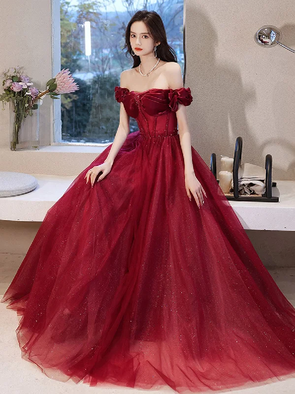Weekend Deals Burgundy Off Shoulder Tulle Long Prom Dress, Burgundy Formal Dresses