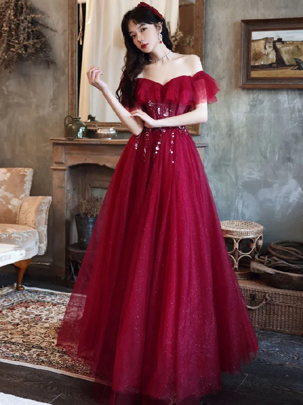 Flash Sale Burgundy Off Shoulder Tulle Sequin Long Prom Dress Burgundy Evening Dress