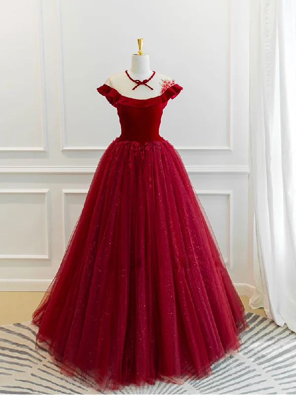 Big Sale Event Burgundy Round Neck Tulle Lace Long Prom Dress, Burgundy Evening Dress Big Sale Event Burgundy Round Neck Tulle Lace Long Prom Dress, Burgundy Evening Dress