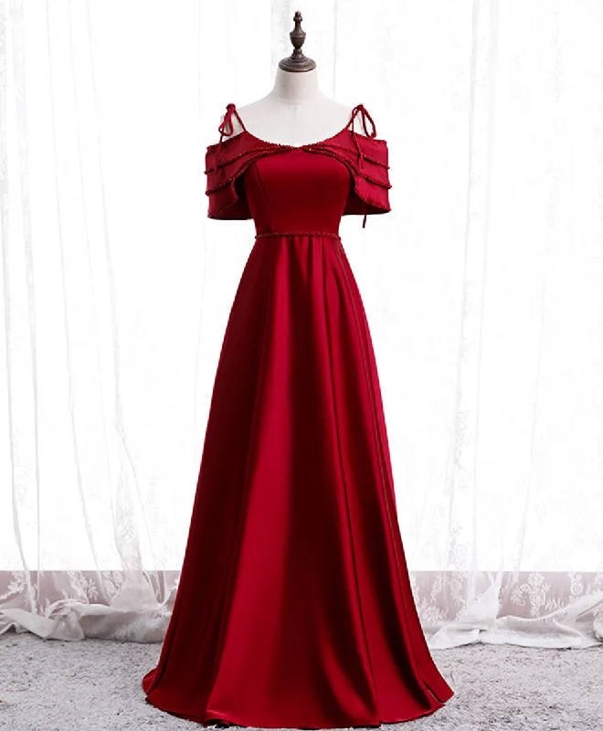 Weekend Flash Sale Burgundy Satin Beads Long Prom Dress Burgundy Evening Dress