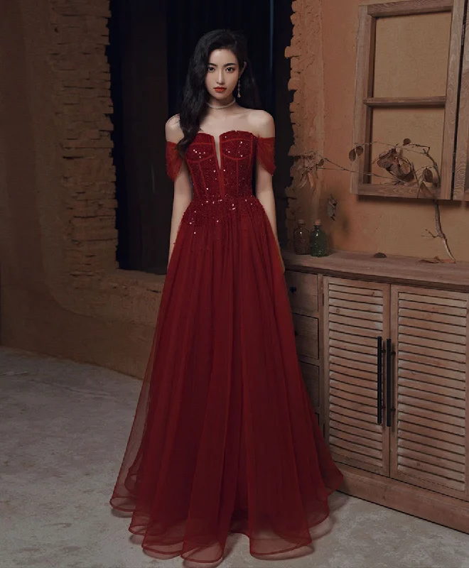 Shop & Save Big Burgundy Sweetheart Tulle Sequin Long Prom Dress Burgundy Formal Dress