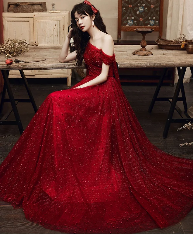 Exclusive Savings Event Burgundy One Shoulder Long Prom Dress, Burgundy Formal Graduation Dress