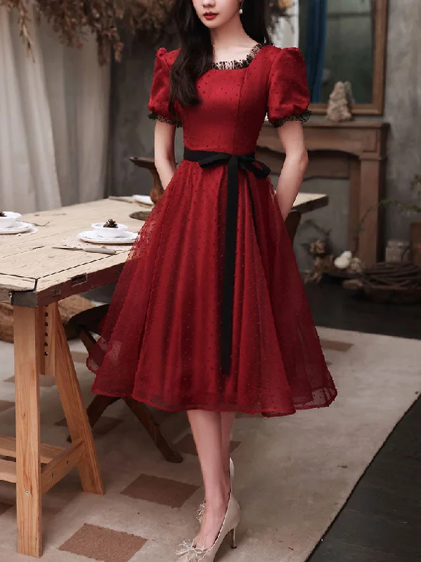 Weekend Bargain Time Burgundy Tulle Lace Short Prom Dress, Burgundy Bridesmaid Dress