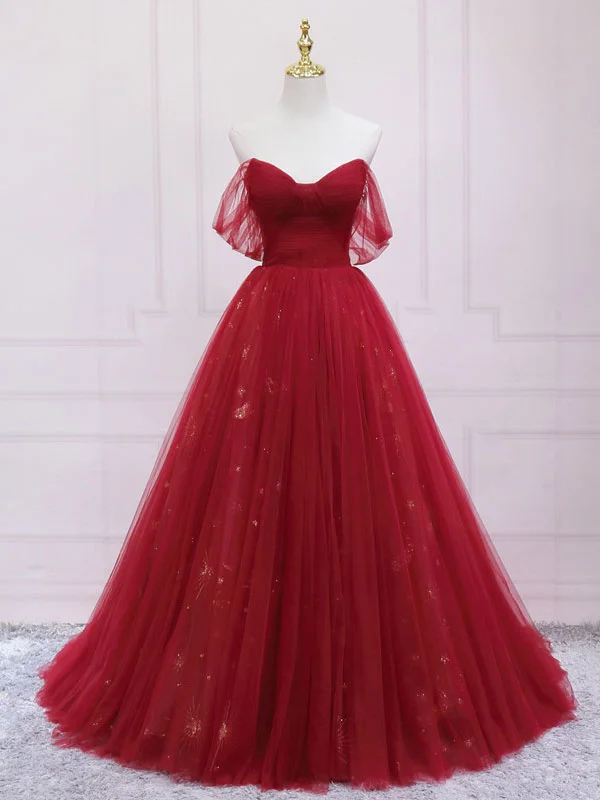 Weekend Top Offers Burgundy Tulle Long Prom Dress, Burgundy Evening Dress