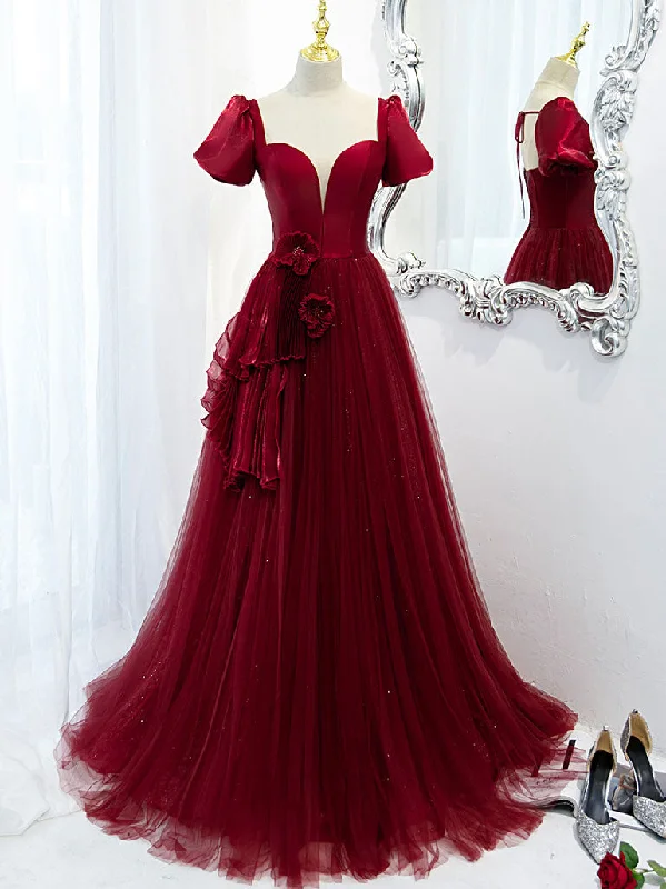 Weekend Hot Picks Burgundy Tulle Long Prom Dress, Burgundy Tulle Evening Dress