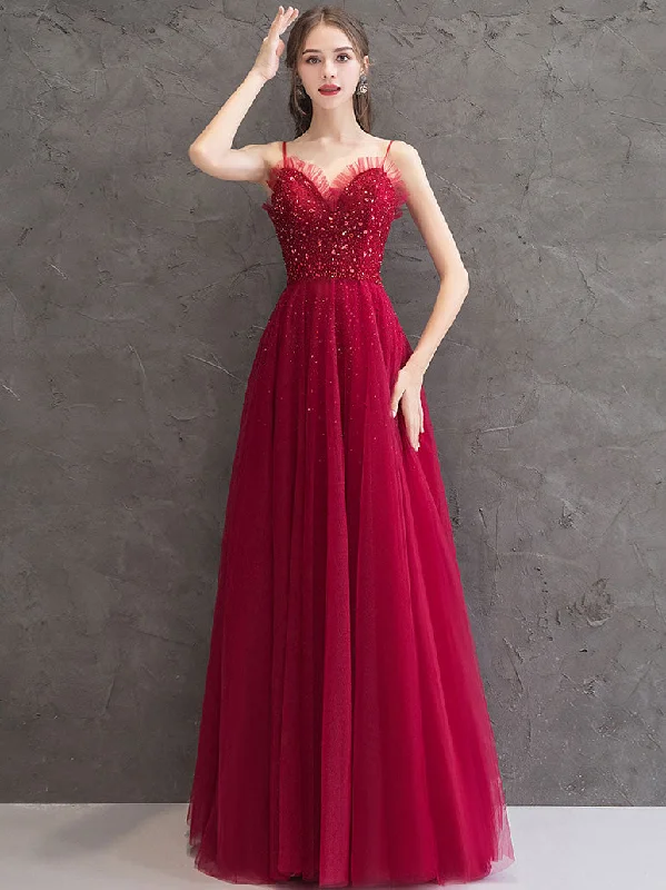 Weekend Bonanza Burgundy Tulle Sequin Long Prom Dress, Burgundy Evening Dress