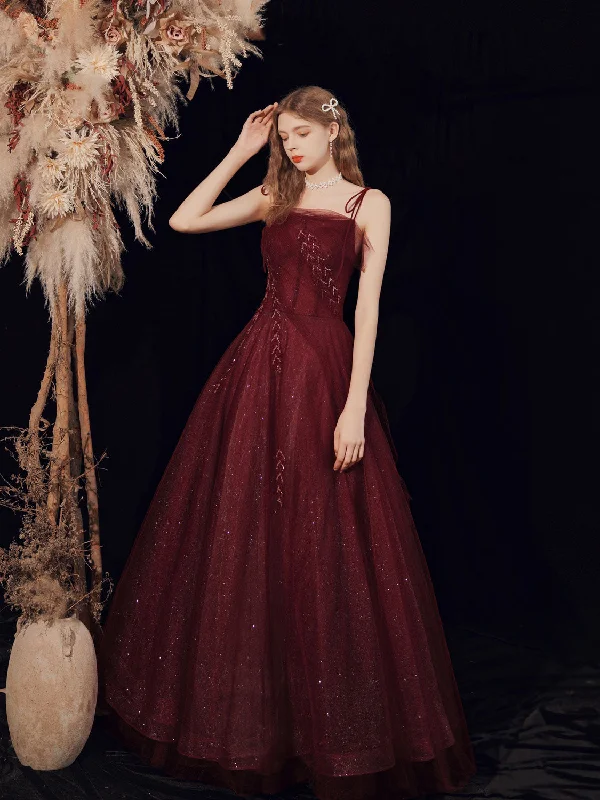 Instant Discount Burgundy Tulle Sequin Long Prom Dress Burgundy Tulle Formal Dress