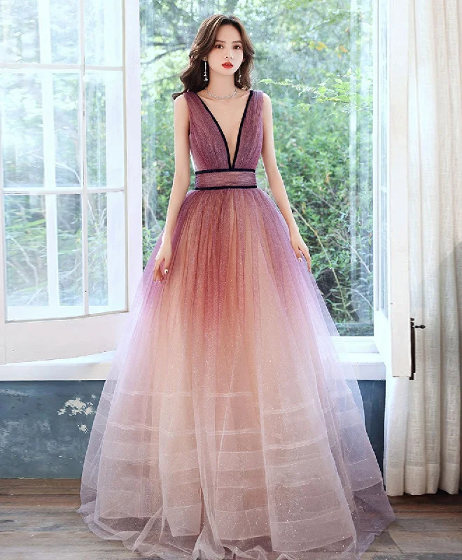 Price Cut Alert Burgundy V Neck Gradient Shiny Long Prom Dress, Burgundy Evening Dress