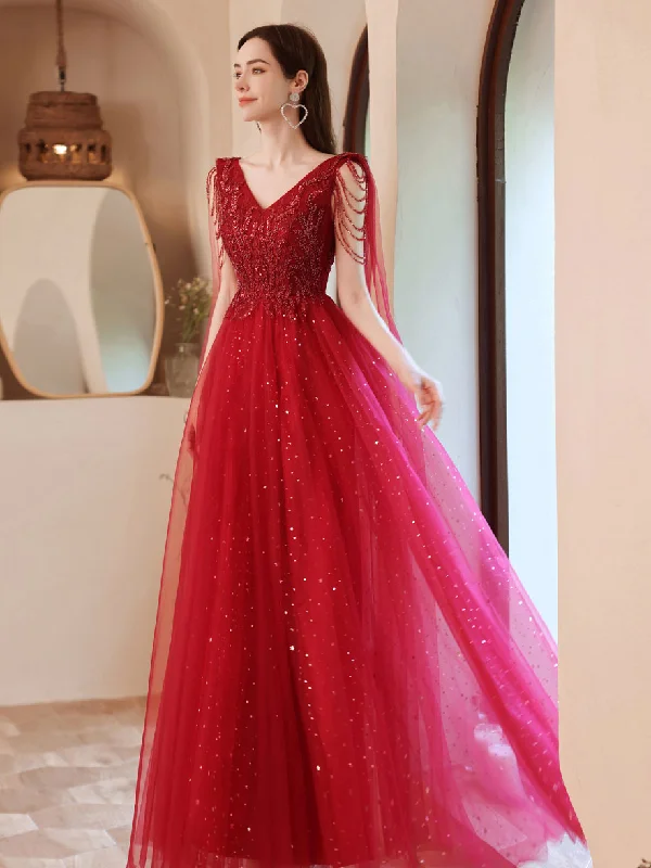 Limited-Time Deal Burgundy V Neck Tulle Lace Beads Long Prom Dress, Burgundy Evening Dress Limited-Time Deal Burgundy V Neck Tulle Lace Beads Long Prom Dress, Burgundy Evening Dress