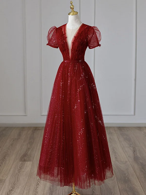 Weekend Bargain Bonanza V Neck Tulle Sequin Tea Length Burgundy Prom Dress, Burgundy Evening Dress Weekend Bargain Bonanza V Neck Tulle Sequin Tea Length Burgundy Prom Dress, Burgundy Evening Dress
