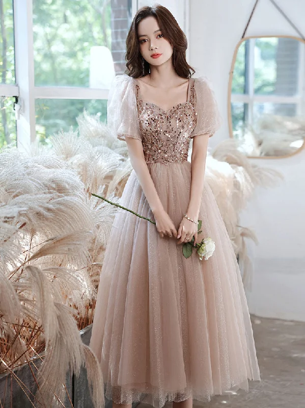 Weekend Price Drops Champagne A-line Tulle Beads Prom Dress, Tulle Bridesmaid Dress