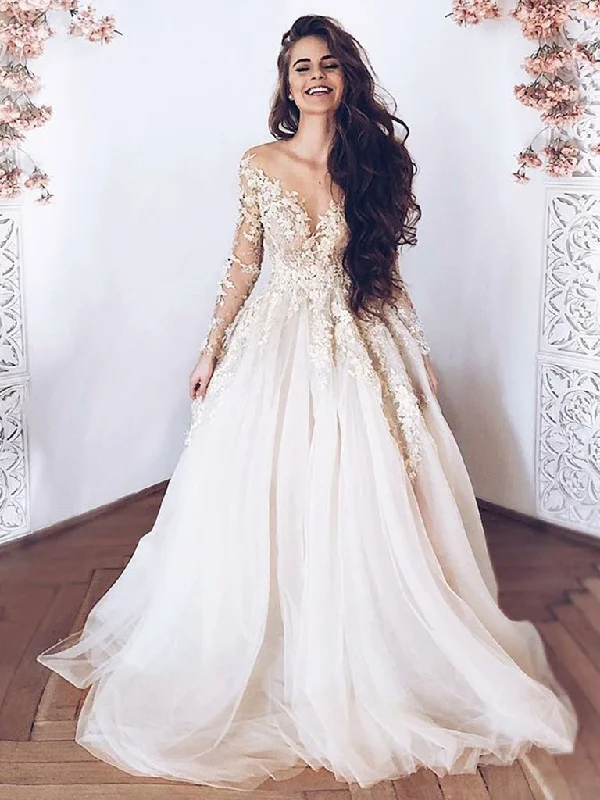 Massive Price Cuts Champagne Lace Appliques Tulle Long Prom Dresses With Long Sleeves, Champagne Lace Wedding Dresses