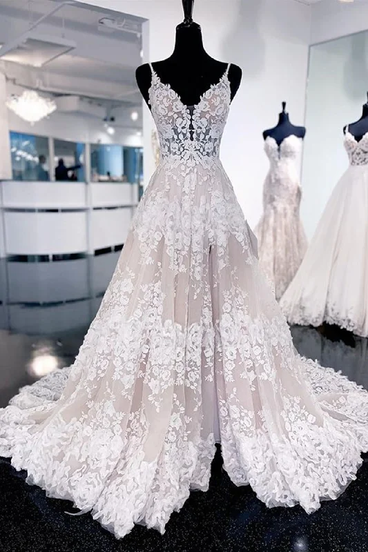 Weekend Exclusive Offers Champagne Lace V Neck Open Back Long Prom Dresses, Champagne Lace Wedding Dresses, Champagne Formal Evening Dresses WT1101