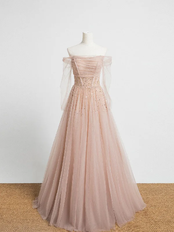 Exclusive Offer Champagne Pink Tulle Beads Long Prom Dress Champagne Evening Dress