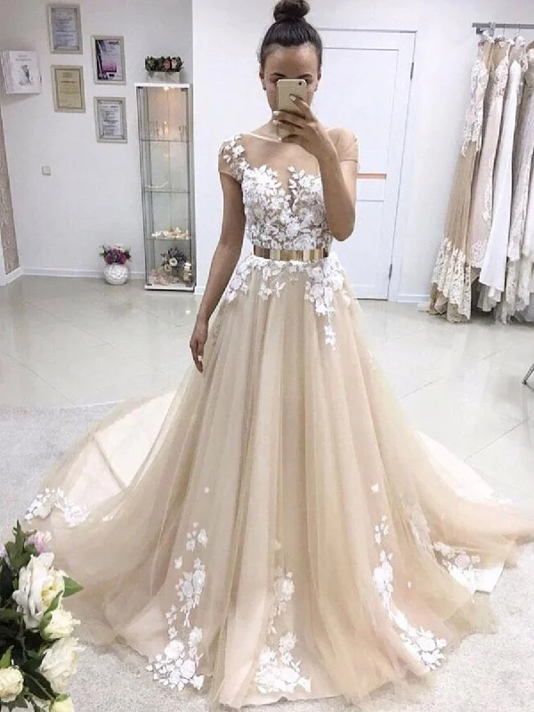 Crazy Price Cuts Champagne Round Neck Cap Sleeves Sweep Train Lace Prom Dress, Champagne Formal Dress, Wedding Dresses Crazy Price Cuts Champagne Round Neck Cap Sleeves Sweep Train Lace Prom Dress, Champagne Formal Dress, Wedding Dresses