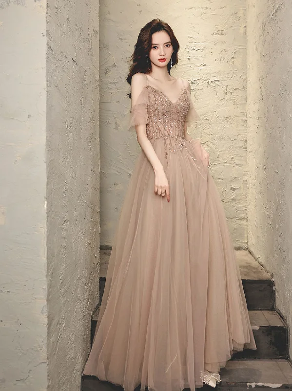 Special Shopping Event Champagne V Neck Tulle Beads Long Prom Dress, Champagne Evening Dress Special Shopping Event Champagne V Neck Tulle Beads Long Prom Dress, Champagne Evening Dress