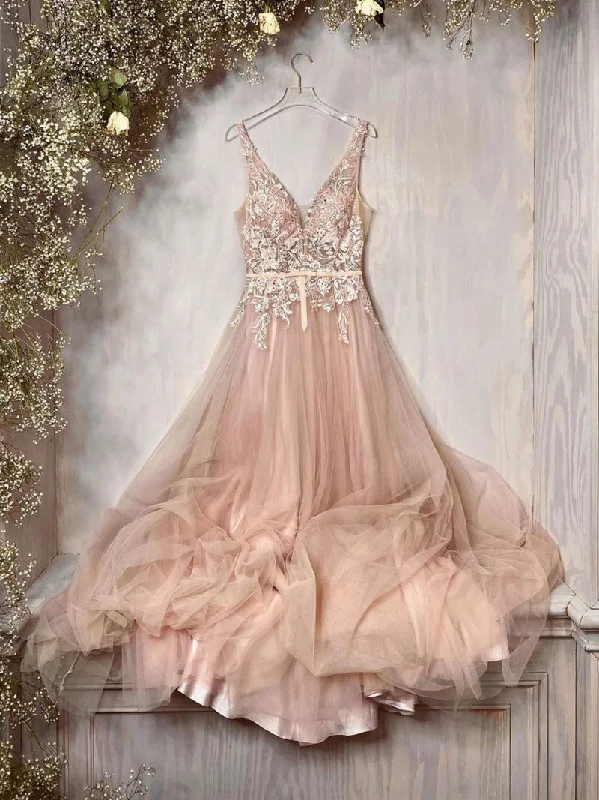 Weekend Price Slash Day CHAMPAGNE V NECK TULLE LACE LONG PROM DRESS, A LINE BRIDESMAID DRESS,F04746 Weekend Price Slash Day CHAMPAGNE V NECK TULLE LACE LONG PROM DRESS, A LINE BRIDESMAID DRESS,F04746