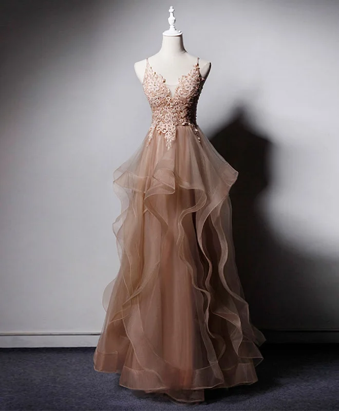 The Big Clearance Champagne V Neck Tulle Lace Long Prom Dress, Champagne Graduation Dress