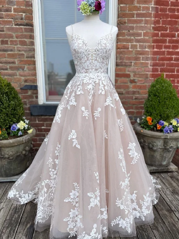 Weekend Offers and Savings Champagne V Neck Tulle Lace Long Prom Dress, Lace Tulle Formal Dress Weekend Offers and Savings Champagne V Neck Tulle Lace Long Prom Dress, Lace Tulle Formal Dress