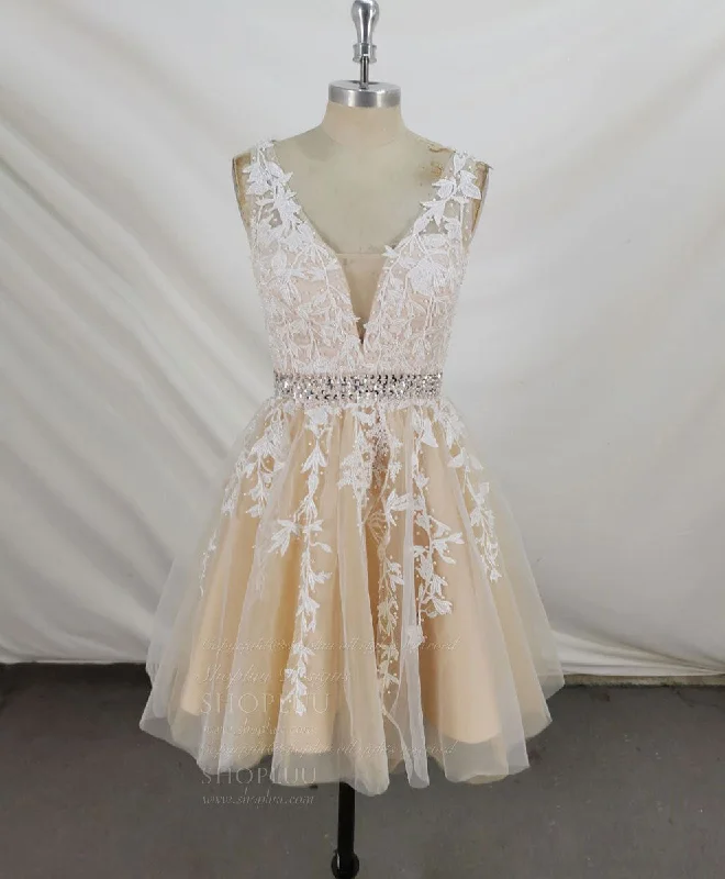 Offer Ending Soon Champagne V Neck Tulle Lace Short Prom Dress Champagne Homecoming Dress
